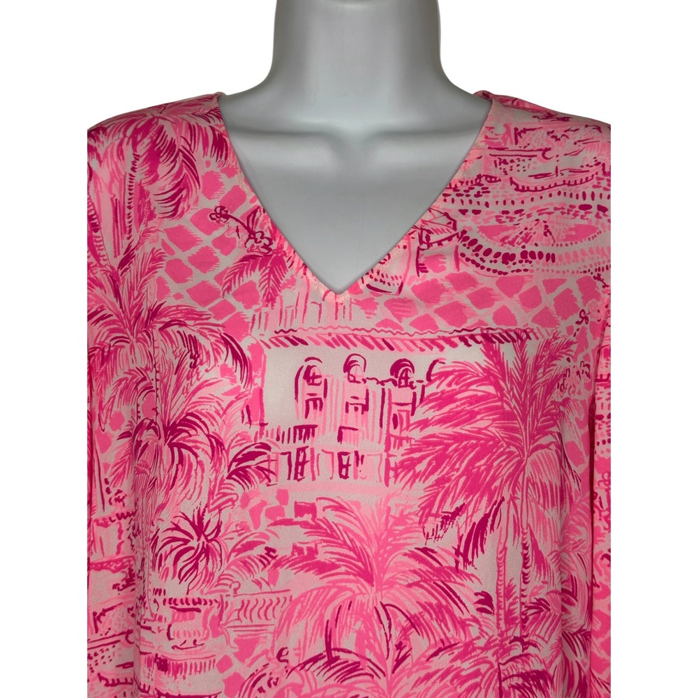 Lilly Pulitzer Blouse XS Pink Tropical Palm Tree Tie V-Neck Resort Top Pamela - Picture 4 of 9